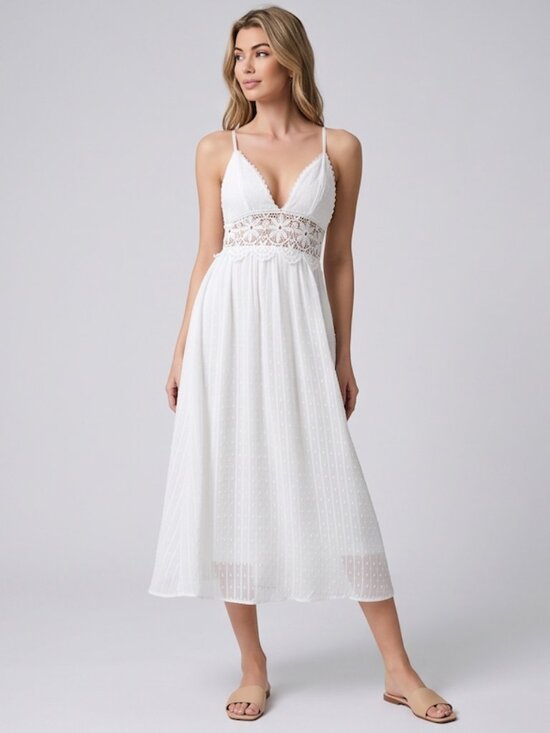 By Design Dresses & Skirts - Boho White Swiss Dot Midi Dress with Crochet Lace Waist
